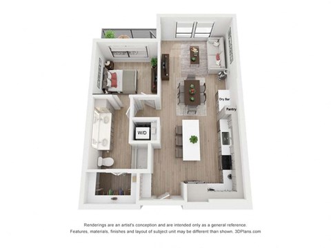 Floor plan for 1 bed, 1 bath, 769 sqft